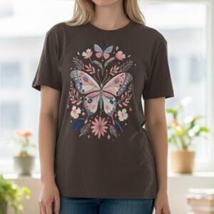 NWT ~ Women's Gray T-Shirt Colorful Pink & Blue Butterfly Design Top ~ XL